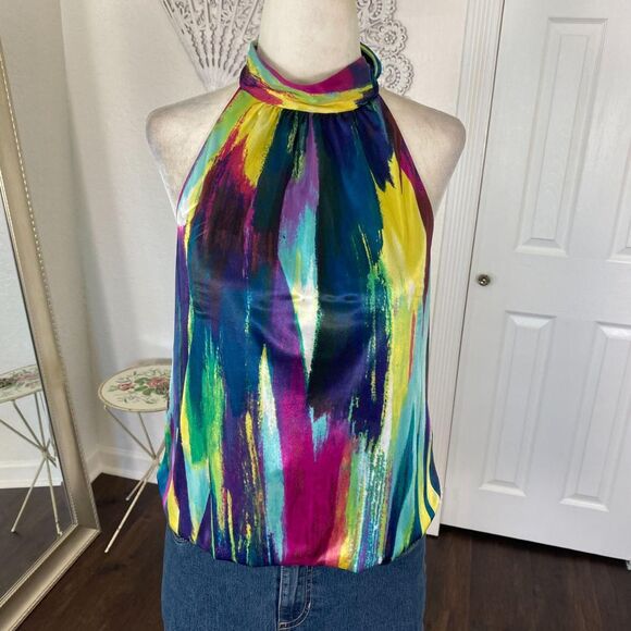 Bcx Early 2000's Cinched Multi Colorful Satin High Neck Tie Halter Top L - Picture 5 of 6